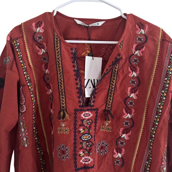 Zara Rust Embroidered Boho Blouse XS NWT - Picture 2 of 10